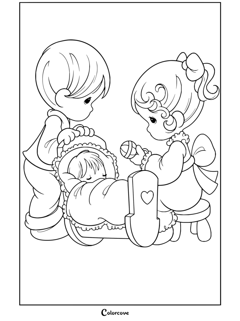 Dibujo para colorear de Precious Moments con un niño y una niña mirando a un bebé que duerme en una cuna.