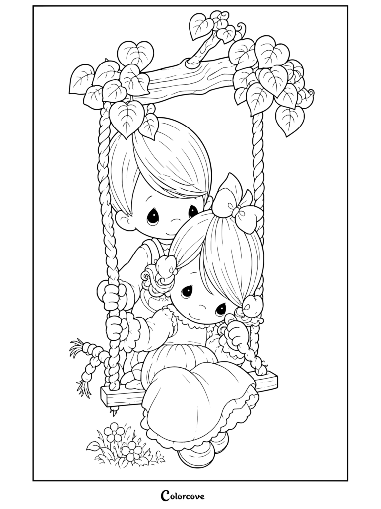 Dibujo para colorear gratis de Precious Moments con un niño y una niña sentados juntos en un columpio de enredaderas