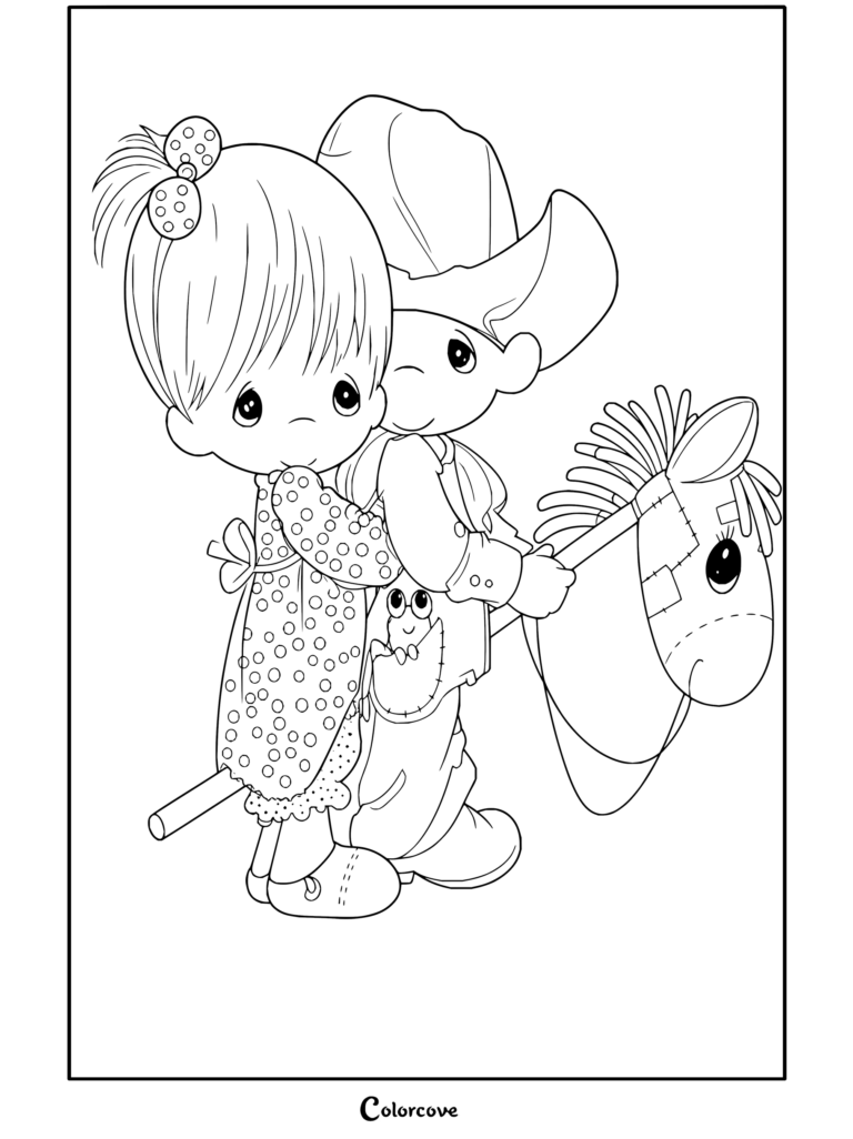 Dibujo para colorear de Precious Moments que muestra a un niño y una niña montando un caballo de palo con sombrero vaquero.