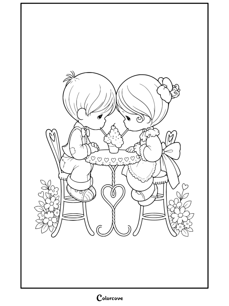 Dibujo para colorear de Precious Moments de un niño y una niña compartiendo un cupcake con dos pajitas en una mesita.