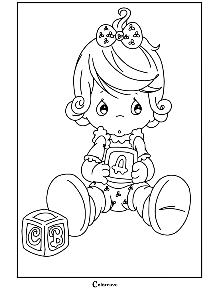 Lámina imprimible para colorear de una bebé de Precious Moments jugando con bloques del abecedario, sosteniendo la letra A junto a los bloques B y C.