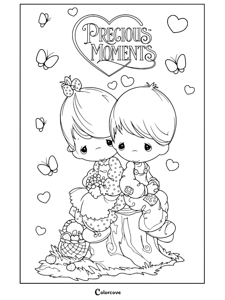 Dibujo para colorear de Precious Moments de un niño y una niña sentados en un tronco junto a una cesta de manzanas, rodeados de mariposas y corazones