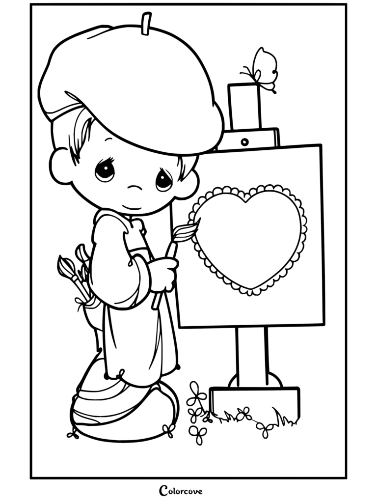 Dibujo gratuito para colorear de Precious Moments de un pequeño artista pintando un corazón en un caballete junto a una mariposa.
