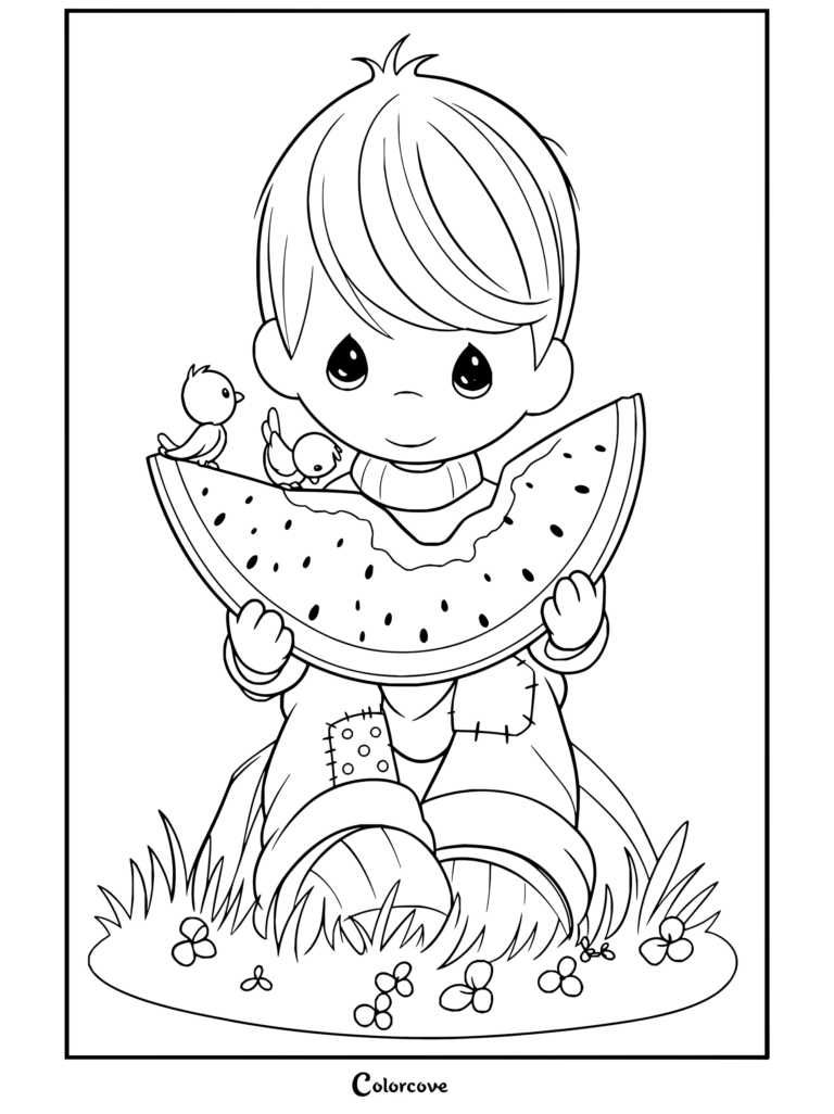 Dibujo para colorear de Precious Moments de un niño comiendo sandía con pajaritos azules posados en la rebanada.