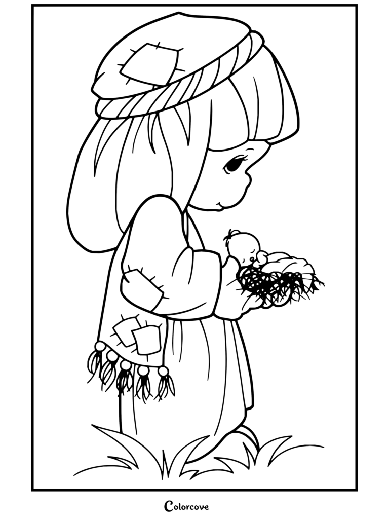 Dibujo para colorear de Precious Moments de un niño sosteniendo un nido con un pájaro azul y polluelos amarillos.