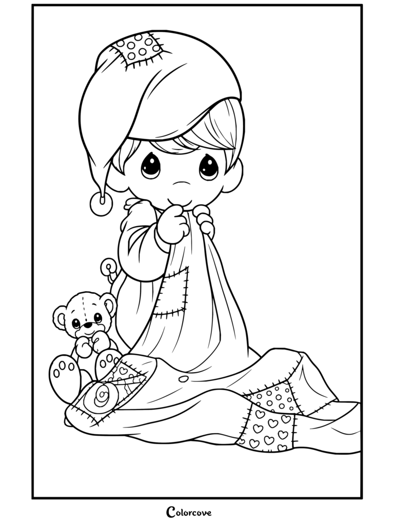 Dibujo para colorear de Precious Moments con un lindo niño sosteniendo una manta de retazos junto a un osito de peluche.