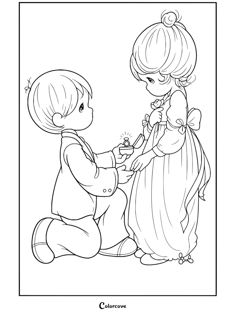 Dibujo para colorear imprimible de Precious Moments con un niño arrodillado pidiéndole matrimonio a una niña con una cajita de anillo.
