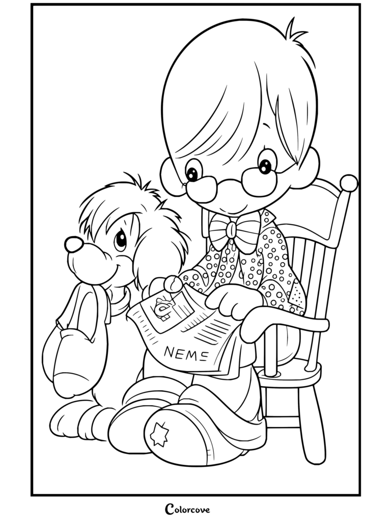 Dibujo gratuito para colorear de Precious Moments con un niño leyendo el periódico en una mecedora junto a su fiel perro.
