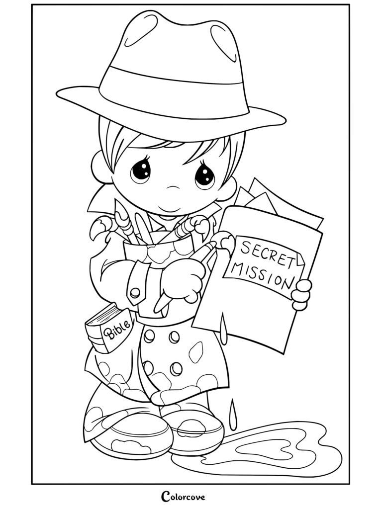 Dibujo para colorear de Precious Moments de un niño vestido de agente secreto con gabardina y sombrero, pintando un archivo de misión secreta.