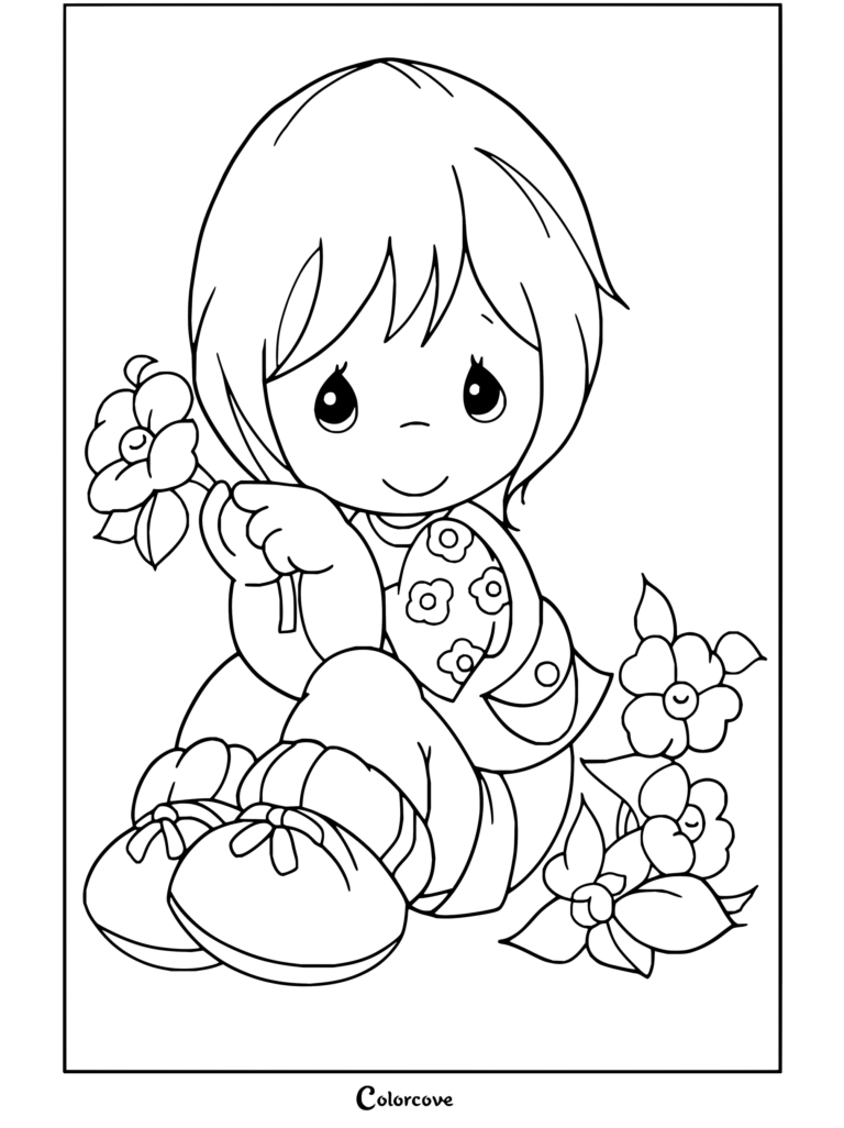 Dibujo gratuito para colorear de Precious Moments con un niño sentado sosteniendo flores y llevando zapatos enormes.