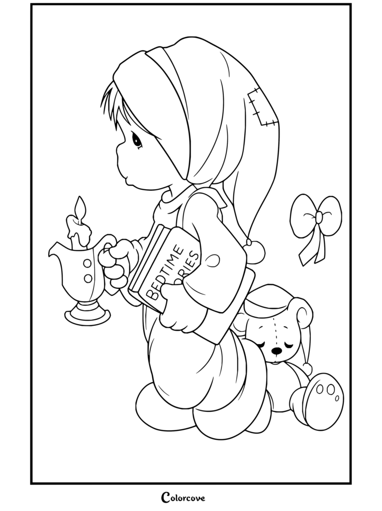 Dibujo para colorear de Precious Moments de un niño en pijama con un libro de cuentos, una vela encendida y un osito somnoliento.