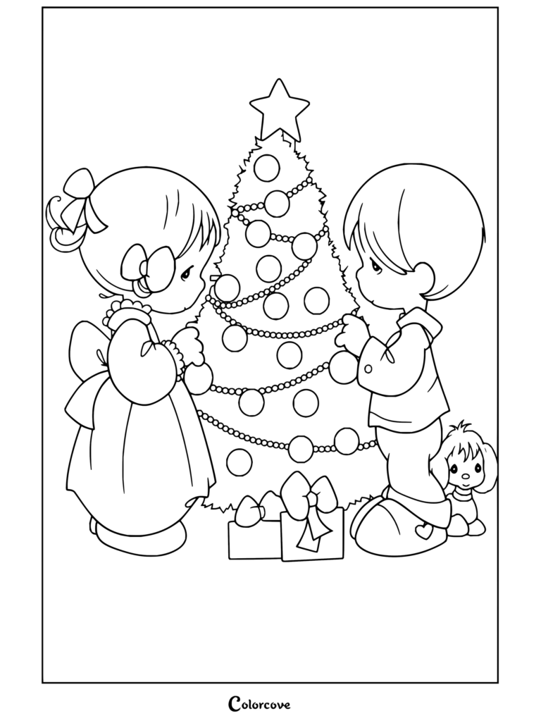 Lámina imprimible para colorear de niños de Precious Moments decorando un árbol de Navidad junto a un cachorro.