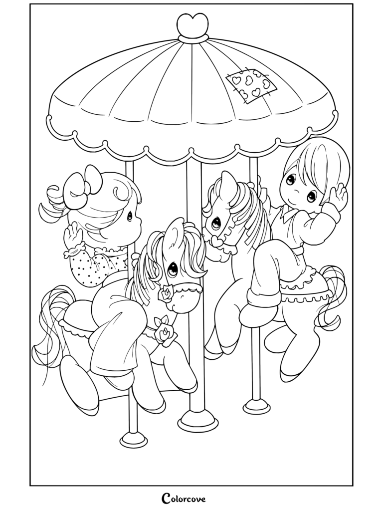 Dibujo para colorear de Precious Moments que muestra a niños montando caballos de tiovivo bajo un dosel.
