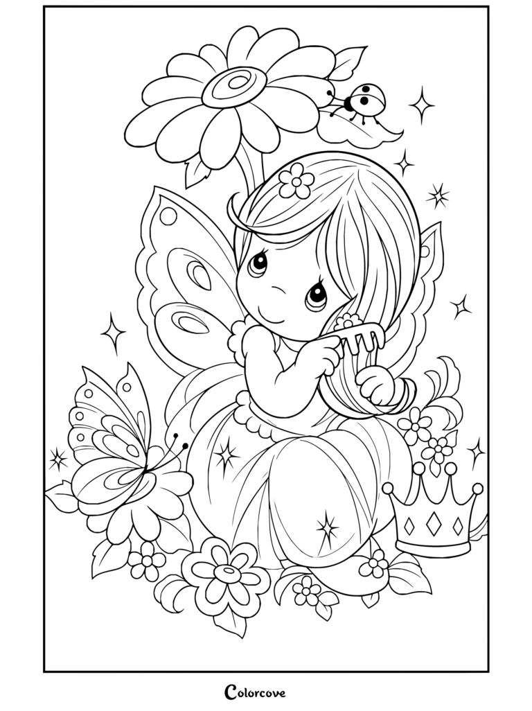 Dibujo para colorear de Precious Moments de un hada cepillándose el pelo, con alas rosas y una corona.