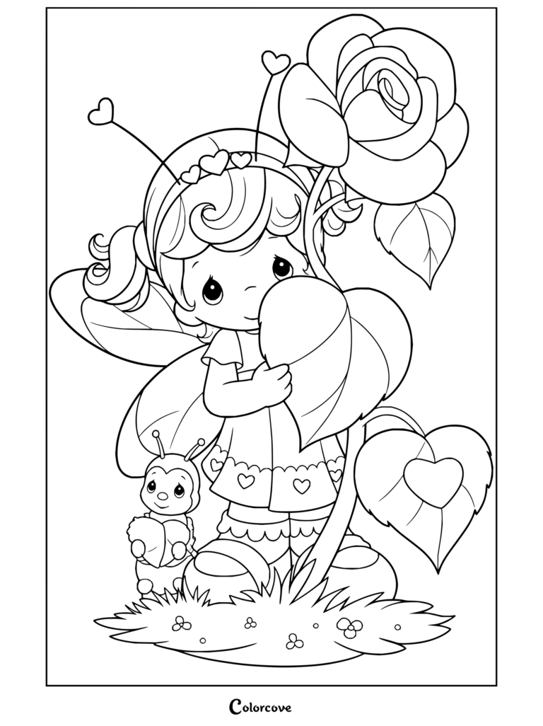 Dibujo para colorear de Precious Moments de un hada sosteniendo una gran rosa junto a su amiga oruga.