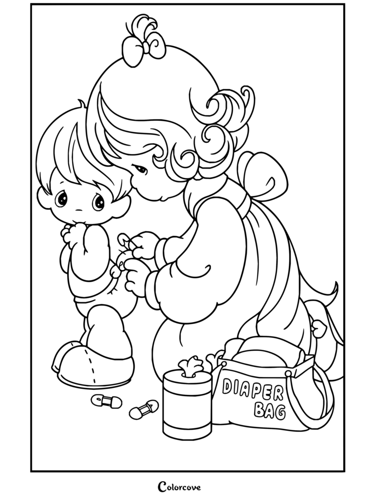 Dibujo para colorear de Precious Moments que muestra a una niña cambiando el pañal de un bebé junto a la pañalera y los accesorios.