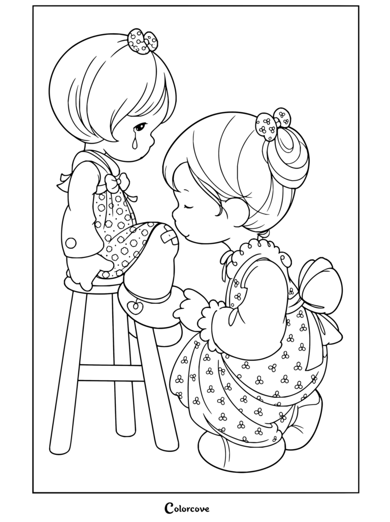 Dibujo para colorear de Precious Moments con una niña consolando a su amiga que llora con una tirita en la rodilla.