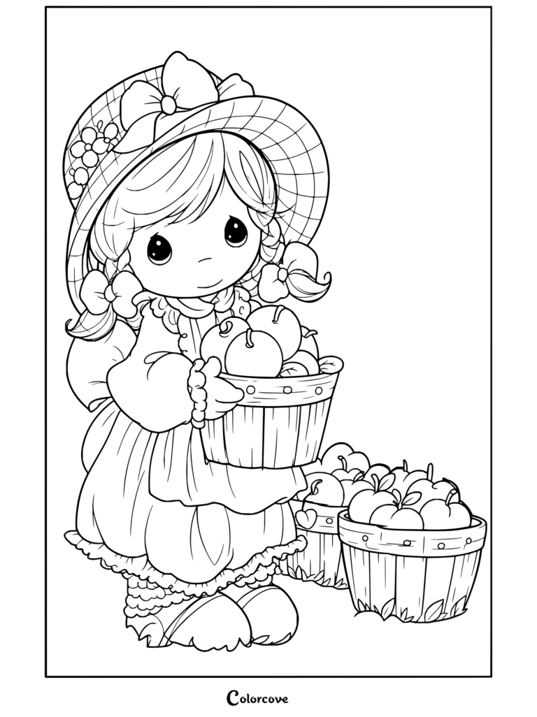 Dibujo para colorear de Precious Moments de una niña sosteniendo una cesta de manzanas con más cestas de manzanas cerca.