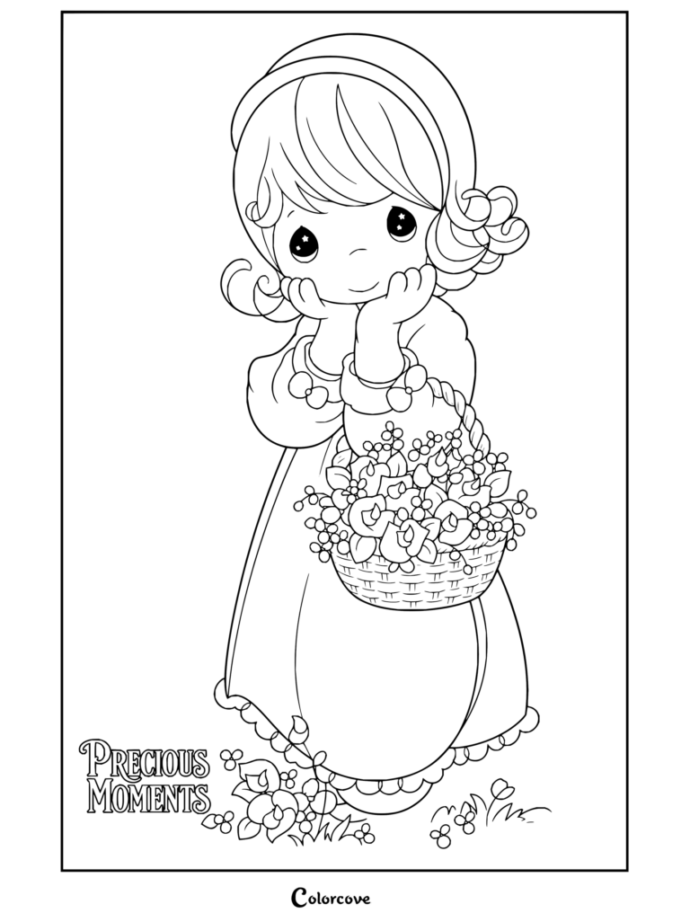 Dibujo para colorear de Precious Moments de una niña sosteniendo una cesta de flores