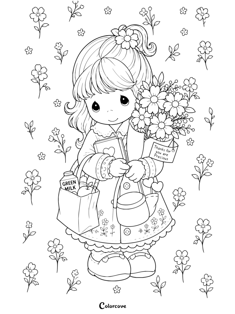 Dibujo para colorear de Precious Moments de una niña sosteniendo flores, un libro y una bolsa de compras, rodeada de flores dispersas.