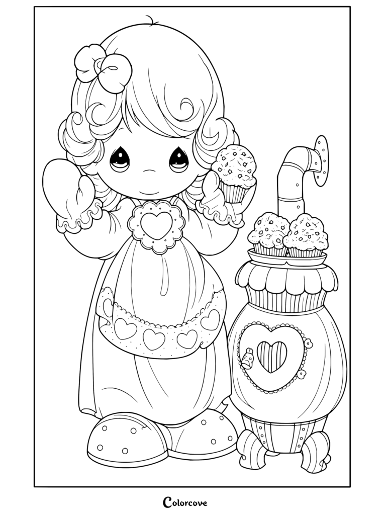 Dibujo para colorear gratis de Precious Moments con una niña sosteniendo una magdalena junto a un horno de cocina.