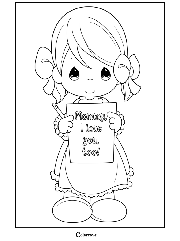 Dibujo para colorear de Precious Moments de una niña rubia con una nota que dice «Mami, yo también te quiero».