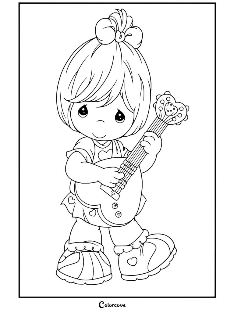 Dibujo para colorear gratis de Precious Moments con una linda niña tocando una guitarra con forma de corazón.