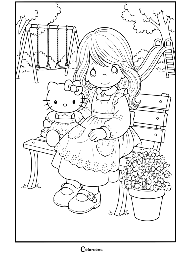 Dibujo para colorear de Precious Moments de una niña sentada en un banco del parque con una muñeca de Hello Kitty junto a una maceta y un parque infantil de fondo.