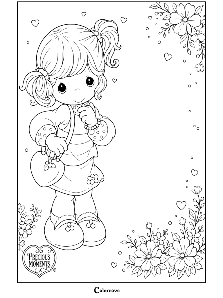 Dibujo para colorear de Precious Moments de una niña con coletas sosteniendo un bolso en forma de corazón rodeada de flores y corazones