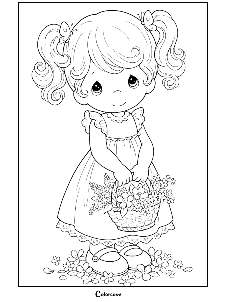 Dibujo para colorear de Precious Moments de una niña con coletas y pinzas de mariposa sosteniendo una cesta de flores
