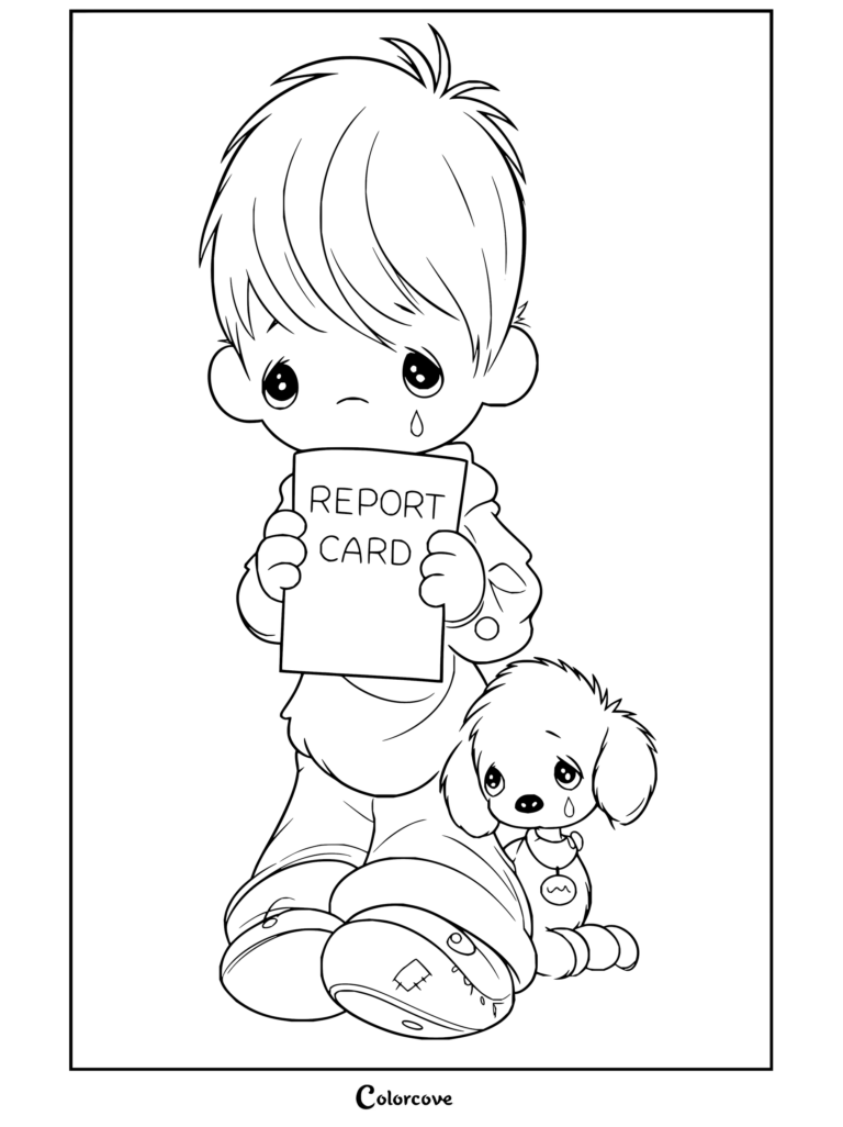 Dibujo para colorear de Precious Moments de un niño triste con su boletín de notas y un perrito llorando a su lado.