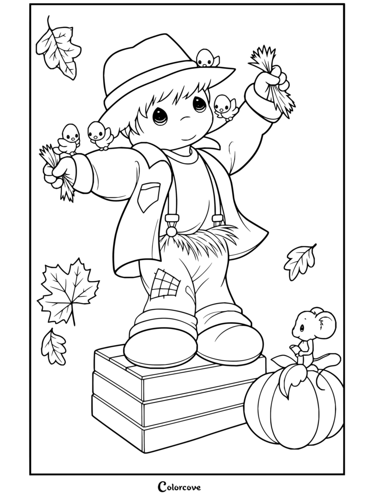 Dibujo gratuito para colorear de Precious Moments con un tierno espantapájaros con aves en los brazos, un ratón sobre una calabaza y hojas de otoño.
