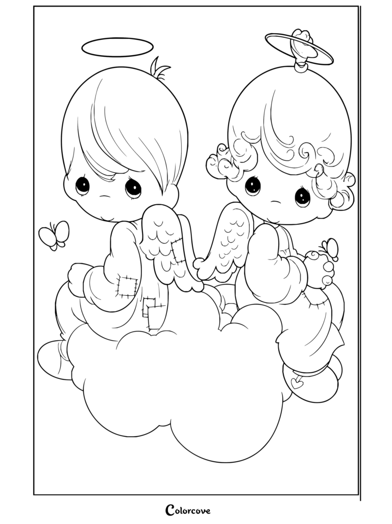 Dibujo para colorear de Precious Moments con dos angelitos sentados espalda con espalda sobre una nube esponjosa con mariposas alrededor.