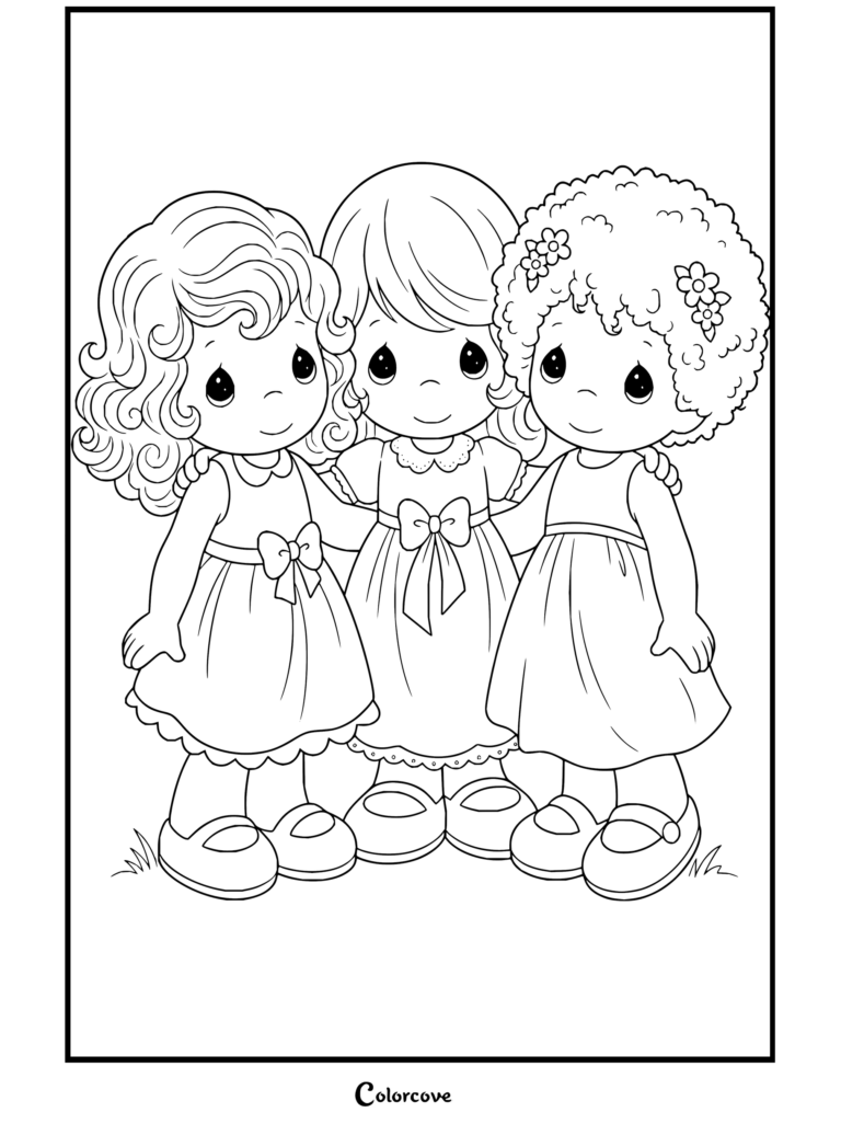 Dibujo para colorear gratis de Precious Moments con tres niñas abrazándose en una tierna pose de amistad.
