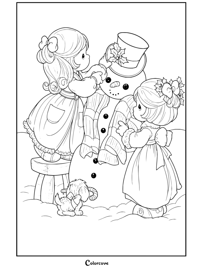Dibujo gratuito para colorear de Precious Moments con dos niñas haciendo un muñeco de nieve con un cachorrito, ideal para niños y fans.