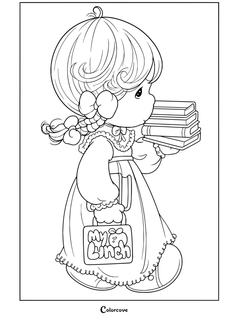 Dibujo para colorear de Precious Moments de una niña rubia con trenzas sosteniendo una pila de libros y una lonchera.