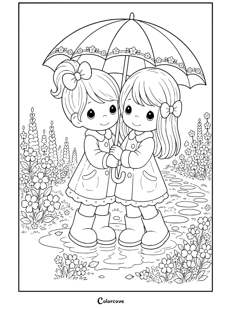 Dibujo para colorear de dos niñas de Precious Moments compartiendo un paraguas bajo la lluvia y tomadas de la mano.