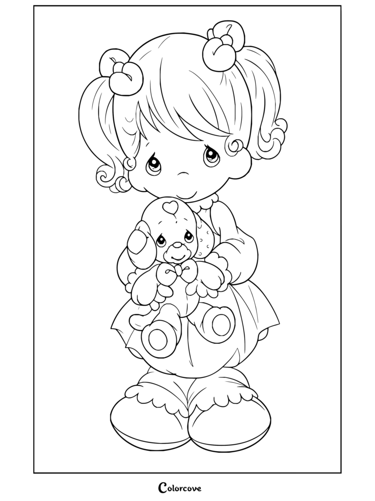 Lámina imprimible para colorear de Precious Moments de una niña rubia con coletas abrazando a un perrito de peluche.