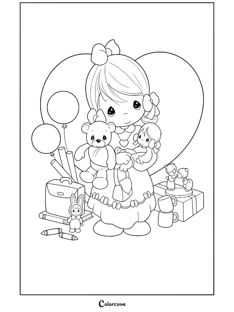 Dibujo para colorear de Precious Moments de una niña rubia con un osito de peluche, una muñeca, regalos y un fondo de corazones.