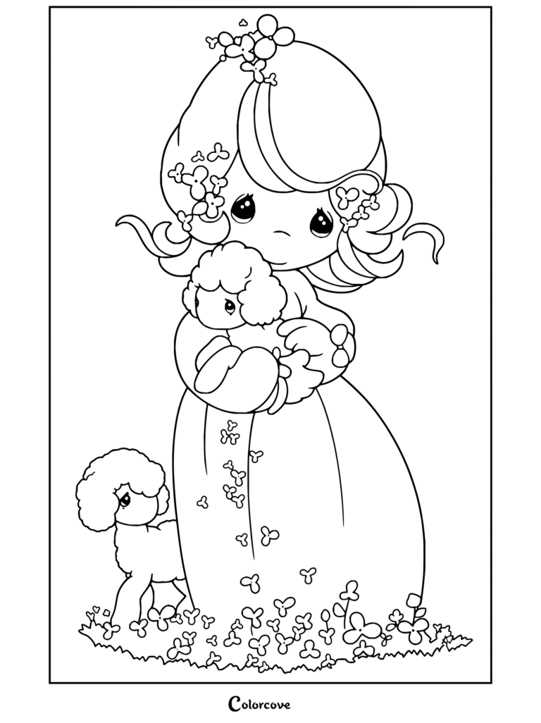Dibujo para colorear de Precious Moments de una niña rubia sosteniendo un cordero blanco con una ovejita en la hierba.