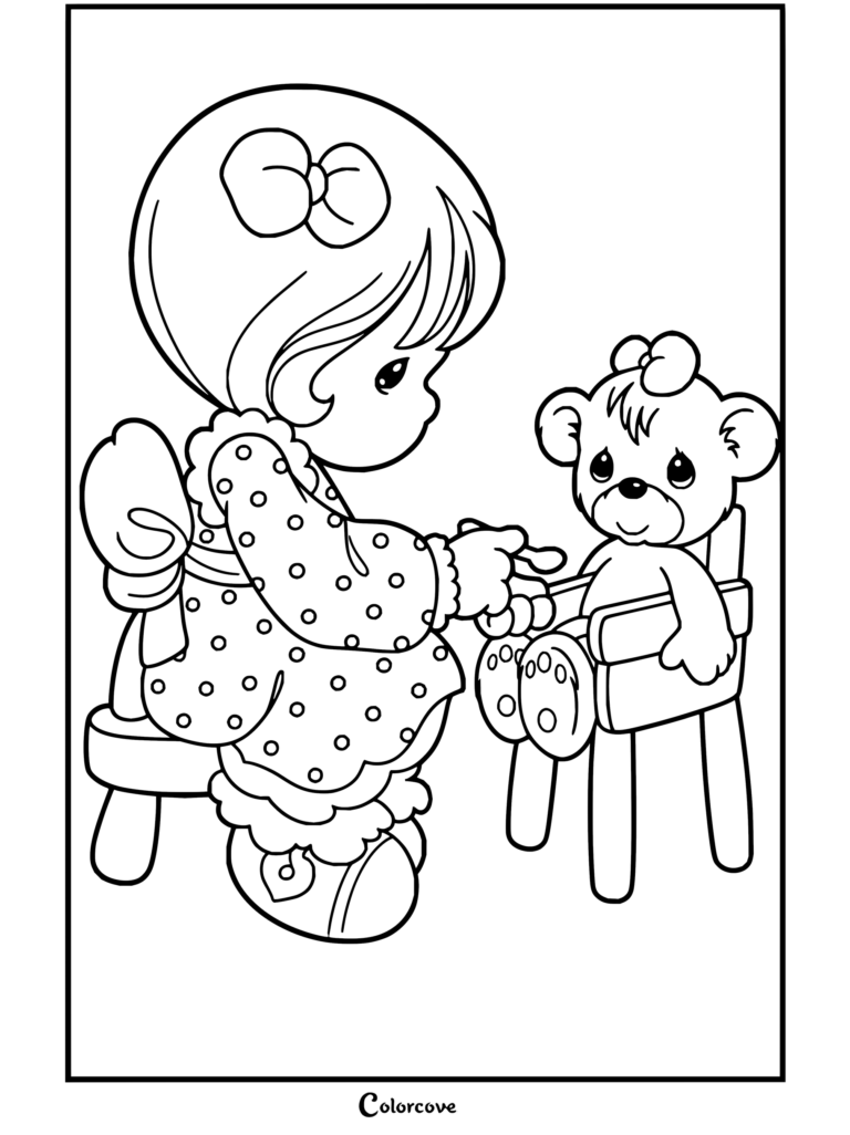 Dibujo gratuito para colorear de Precious Moments de una niña rubia con vestido de lunares alimentando a un osito en una trona.