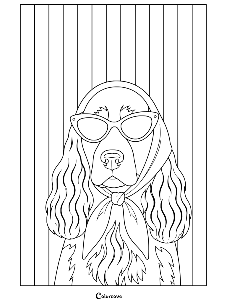 Dibujo para colorear de Estética Preppy de un Cocker Spaniel negro con gafas de sol de ojo de gato rosas y un pañuelo rojo sobre un fondo a rayas rosas.