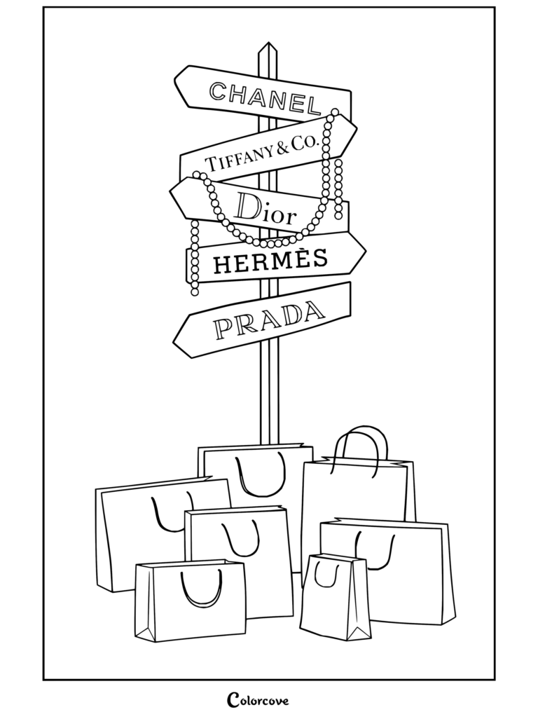 Un dibujo para colorear imprimible con un letrero de marcas de lujo con Chanel, Tiffany, Dior, Hermès, Prada y bolsas de compras, ideal para fans de la estética preppy.