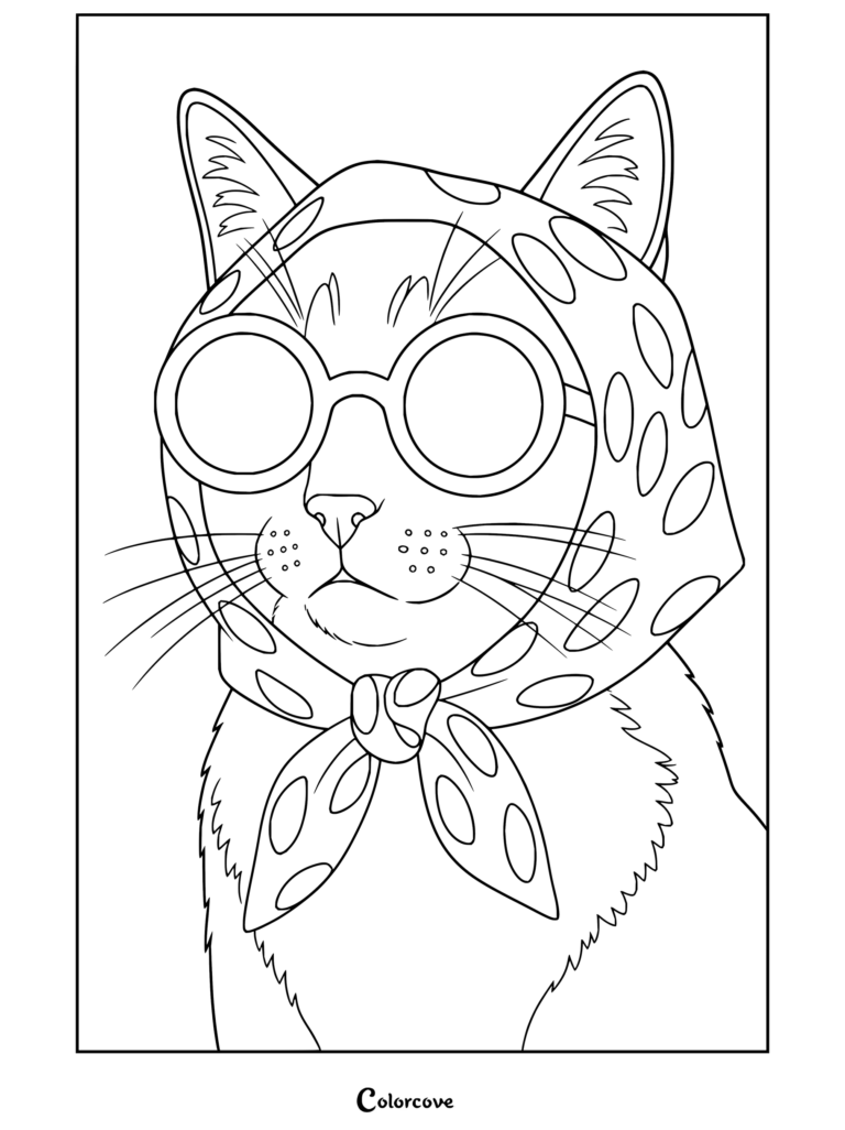Dibujo para colorear de estética preppy de un gato atigrado naranja con pañuelo de lunares en la cabeza y gafas de sol redondas.