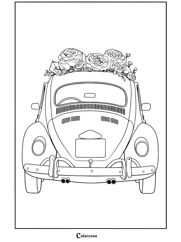 Dibujo para colorear de estética preppy con la vista trasera de un Volkswagen Escarabajo clásico rosa pastel decorado con rosas y un arreglo floral en el techo.