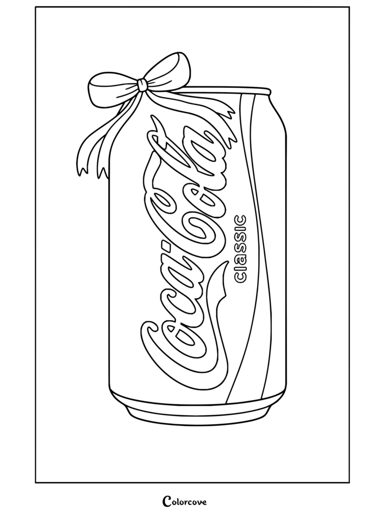Dibujo para colorear de Estética Preppy con una lata rosa de Coca-Cola y un lazo amarillo sobre un fondo de rayas rosas con trazos negros marcados.