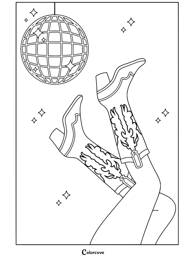Dibujo para colorear de estética preppy con botas camperas rosas bajo una brillante bola de discoteca rosa, perfecto para fans y peques.
