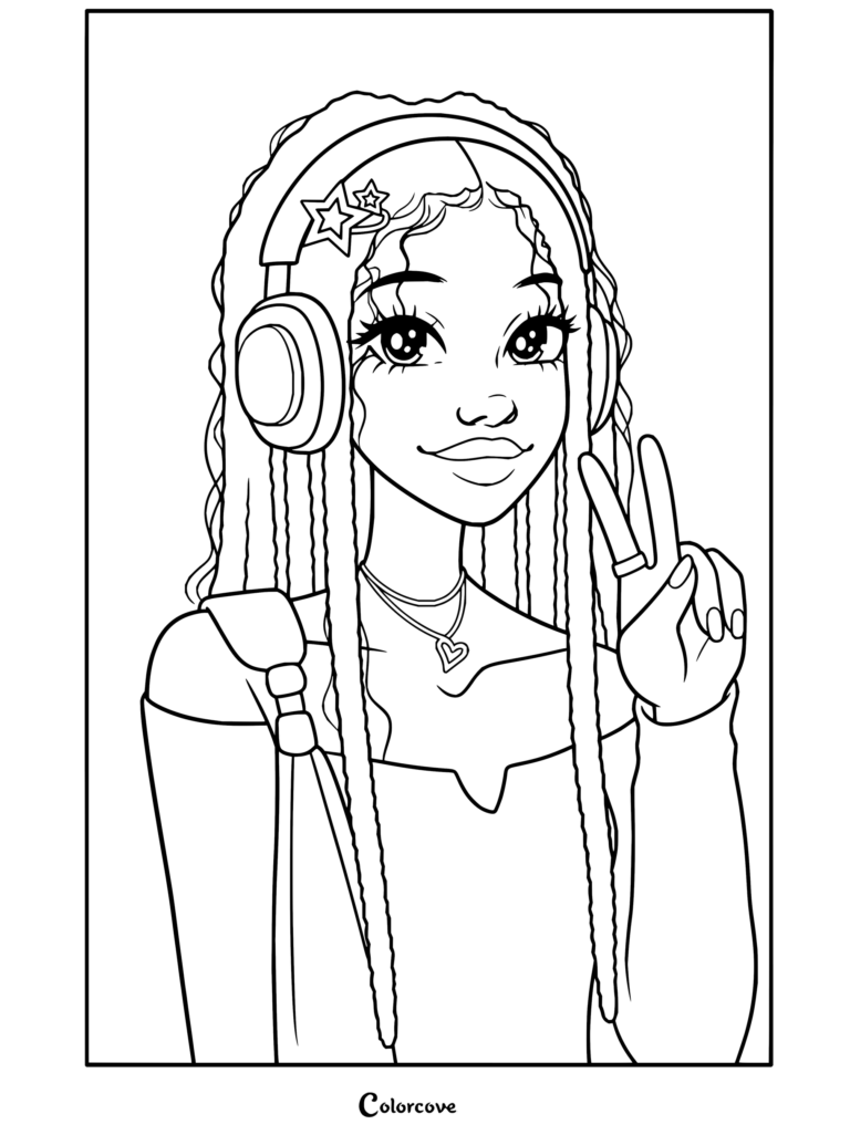 Dibujo para colorear de estética preppy de una chica negra con auriculares haciendo el signo de la paz, con un top blanco con hombros descubiertos y collar plateado.