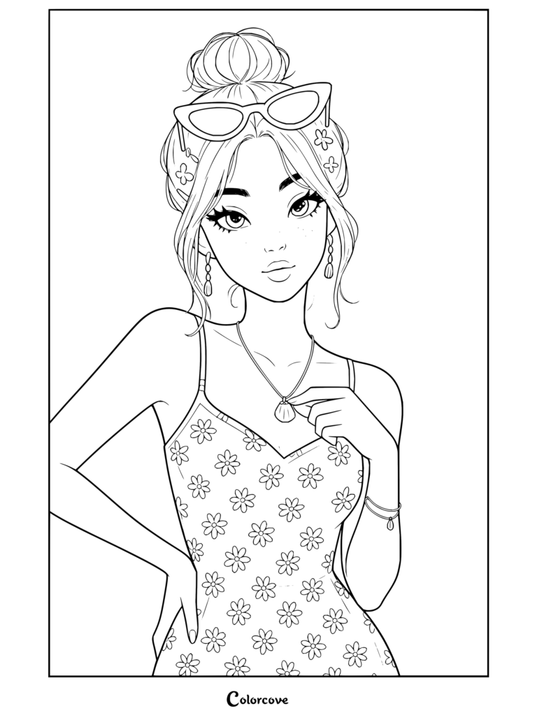 Dibujo para colorear de estética preppy de una chica rubia con moño, gafas de sol en la cabeza, top con estampado floral y collar de conchas.