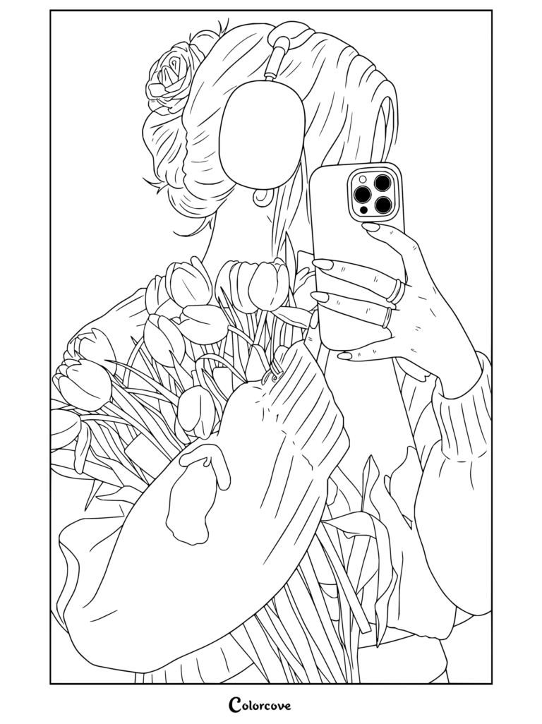 Dibujo para colorear de estética preppy de una mujer rubia con auriculares rosas sosteniendo un ramo de tulipanes rosas y haciéndose un selfi en el espejo con un iPhone rosa.